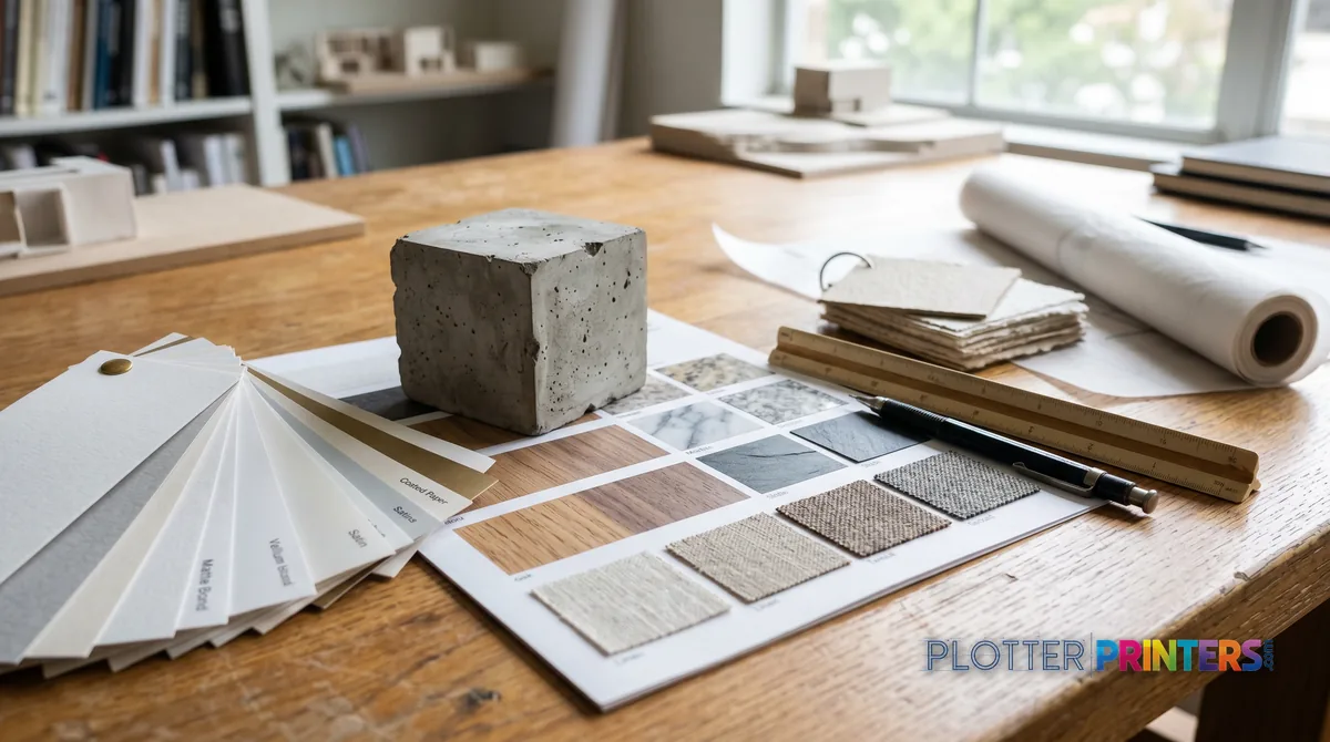 Worktable with a printed material palette and a fan of paper samples