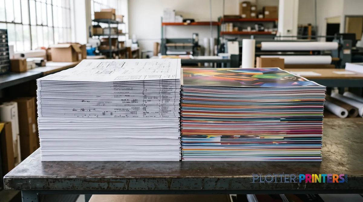 Monochrome plan stack beside a vivid color poster stack