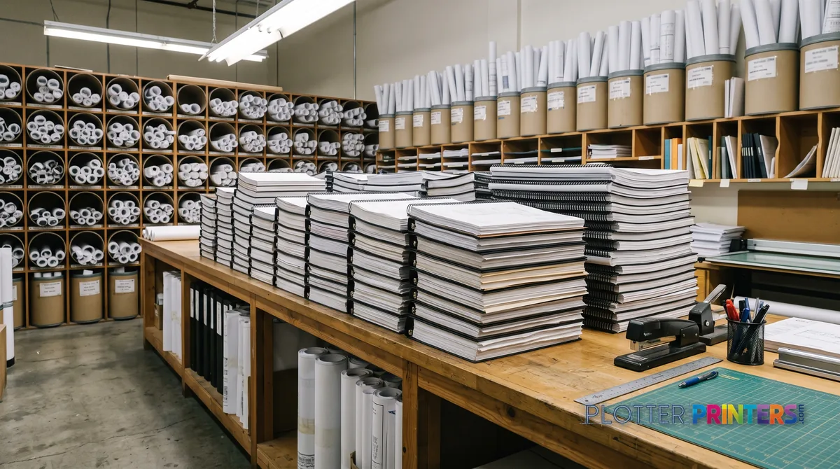 Repro print room with stacked large-format drawing sets and rolled prints in bins