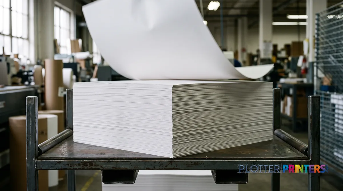 Stack of freshly printed wide-format sheets on a stacking tray