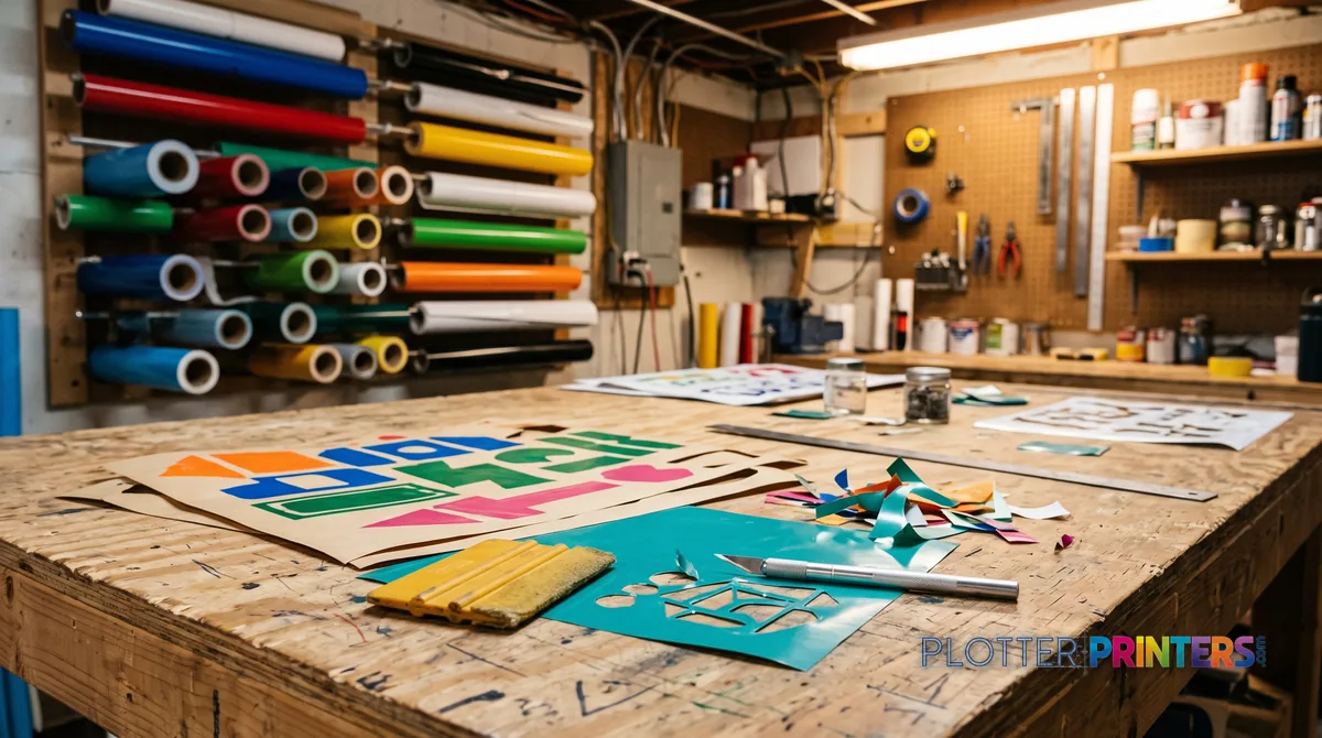 Sign-shop table with weeded vinyl decals and rolls of colored vinyl