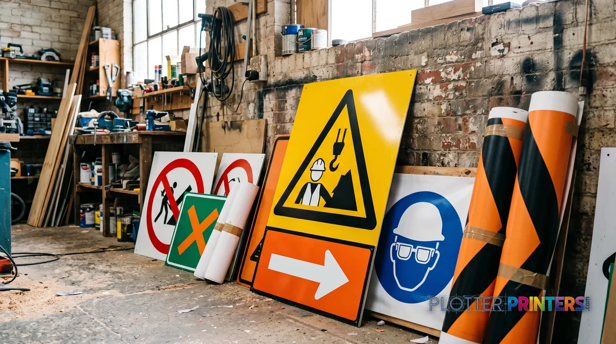Freshly printed site signage panels and banners leaning on a workshop wall