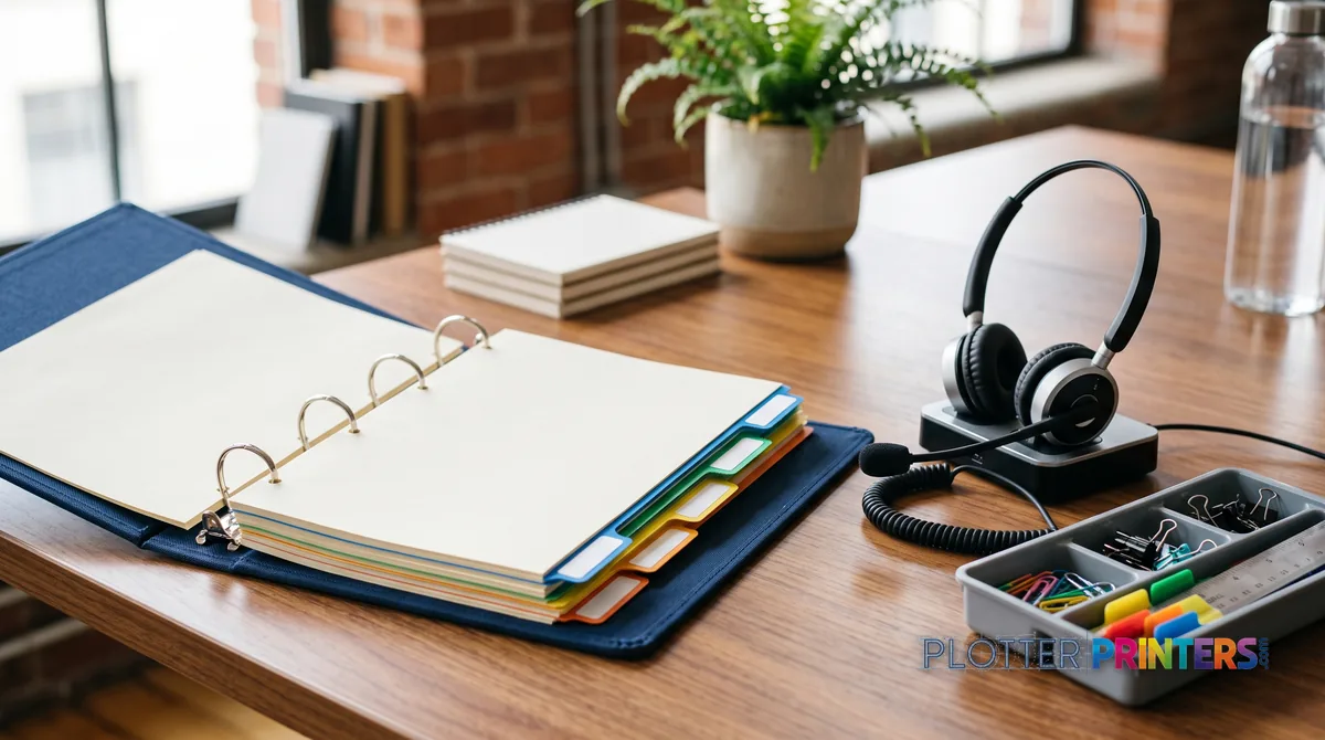 Tabbed service binder beside a headset and parts tray
