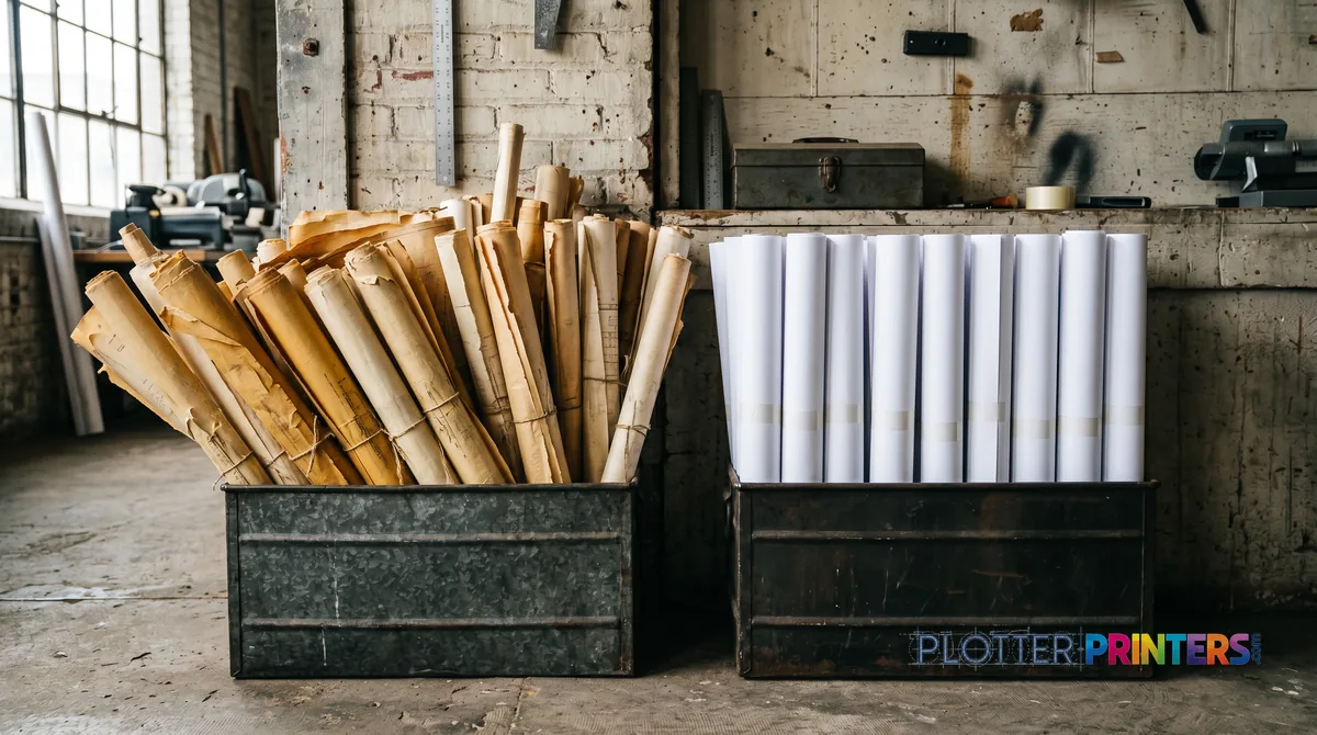 Aged rolled plans beside crisp new rolls in two bins