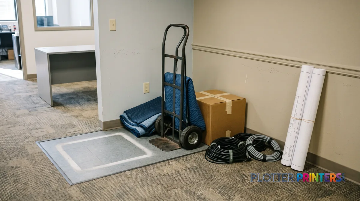 Office corner mid-upgrade: hand truck, moving blankets and a dust outline where a machine stood