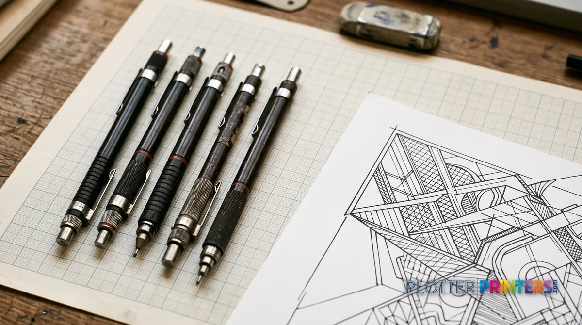 Vintage technical pens beside a modern printed drawing corner