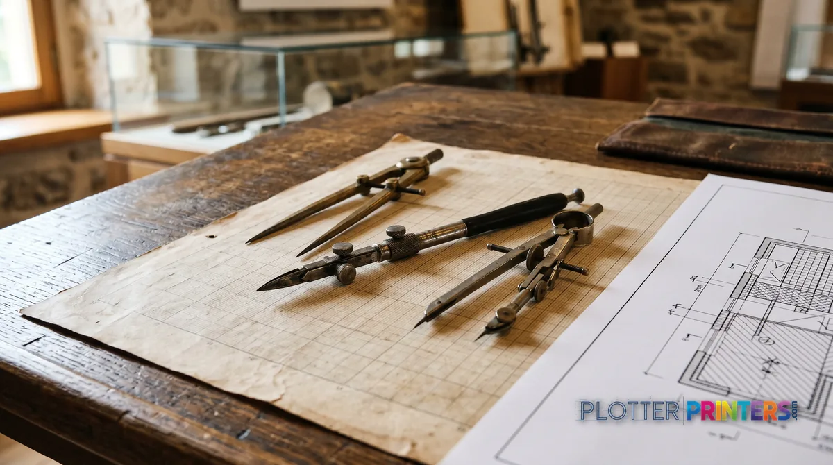 Antique drafting pens on graph paper beside a modern printed plan corner