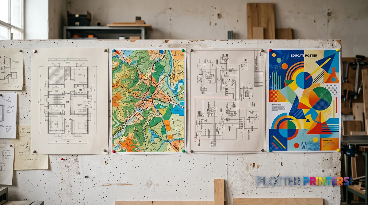 Four kinds of wide-format output pinned in a row: plan, map, diagram, poster