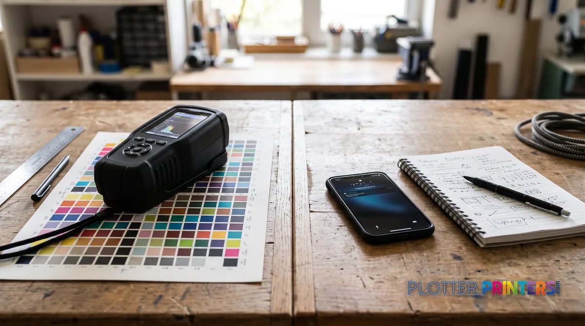 Measurement instrument and color chart beside a phone and notepad