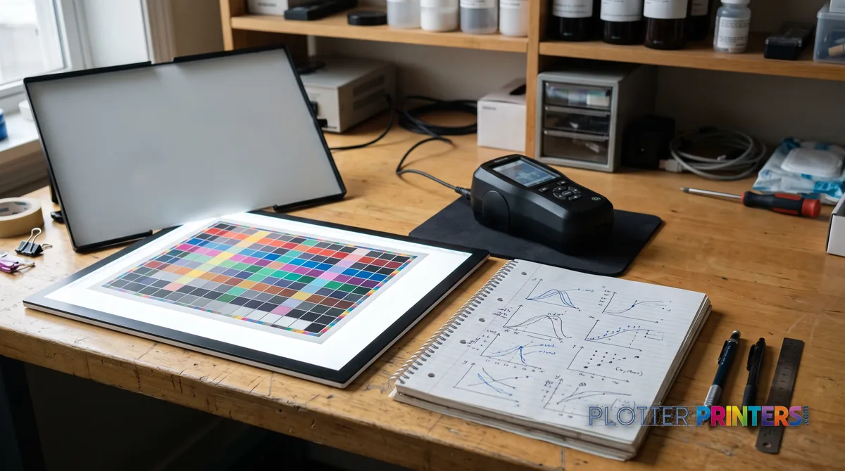 Lab bench with a color test chart on a light table and a measurement instrument