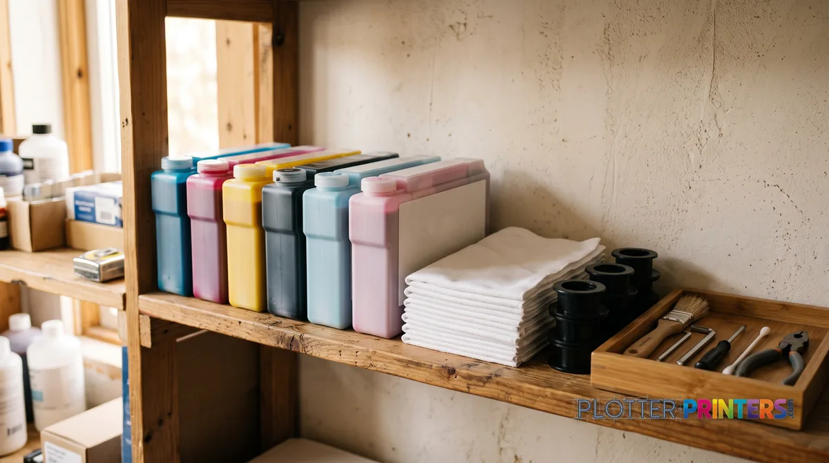 Maintenance shelf with spare cartridges, cloths and roll end caps