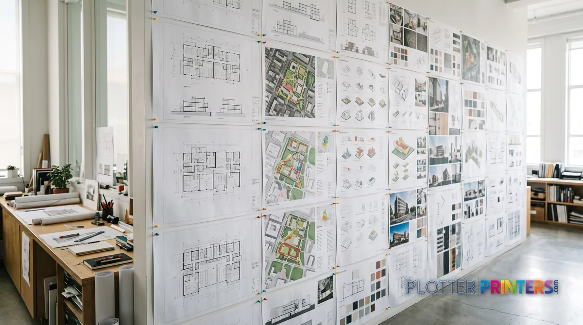 Office wall pinned with wide-format prints: floor plans, a color map, and presentation boards