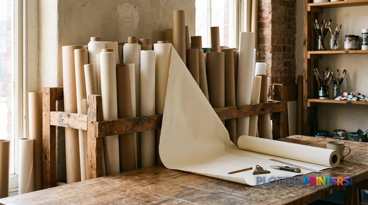 Wide-format paper rolls of several widths racked upright beside a worktable