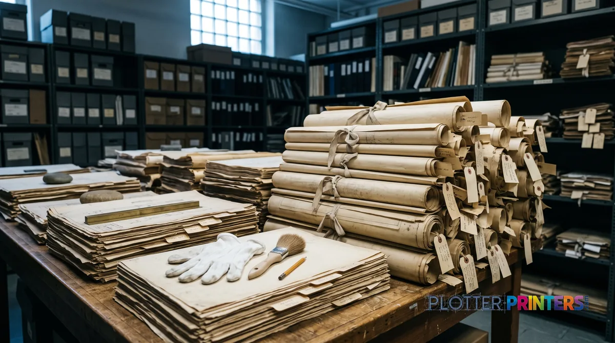 Staging table stacked with legacy drawings ready for digitization