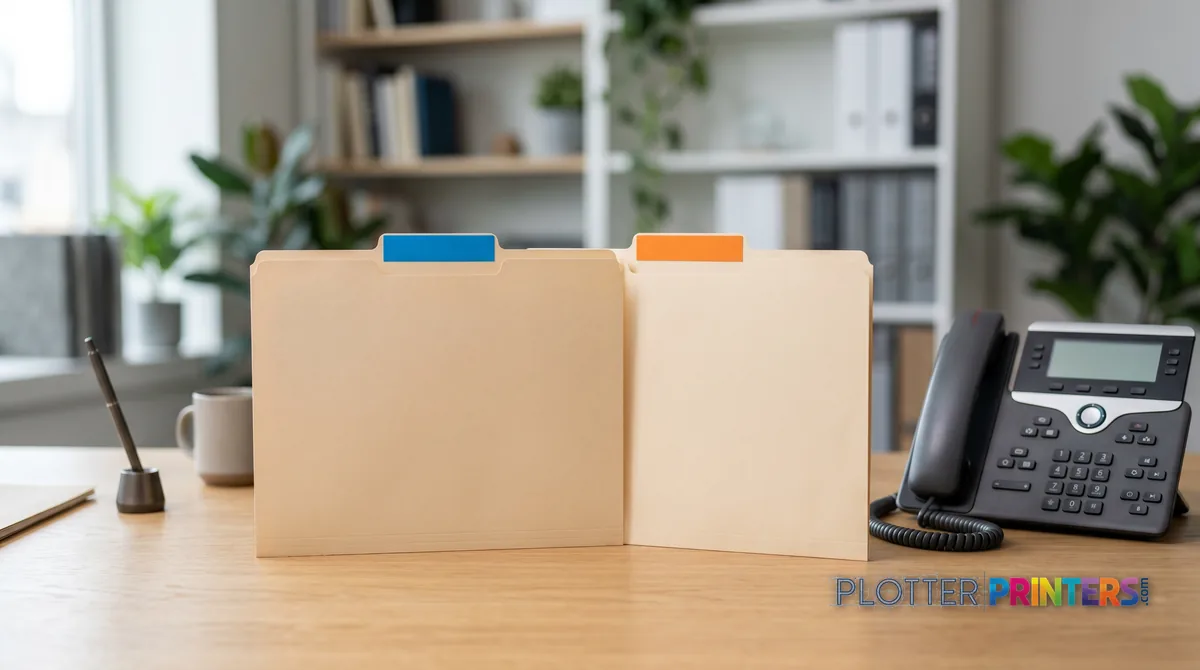 Two tabbed folders fanned on a consultation desk beside a phone